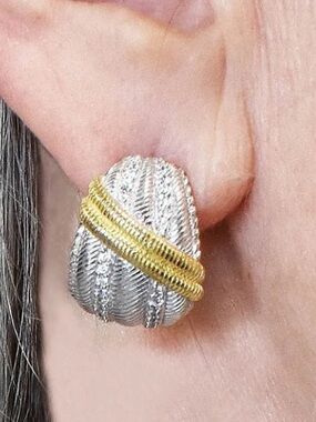 Judith Ripka Sterling Silver and Gold Ribbed Pierced Omega Back Earrings